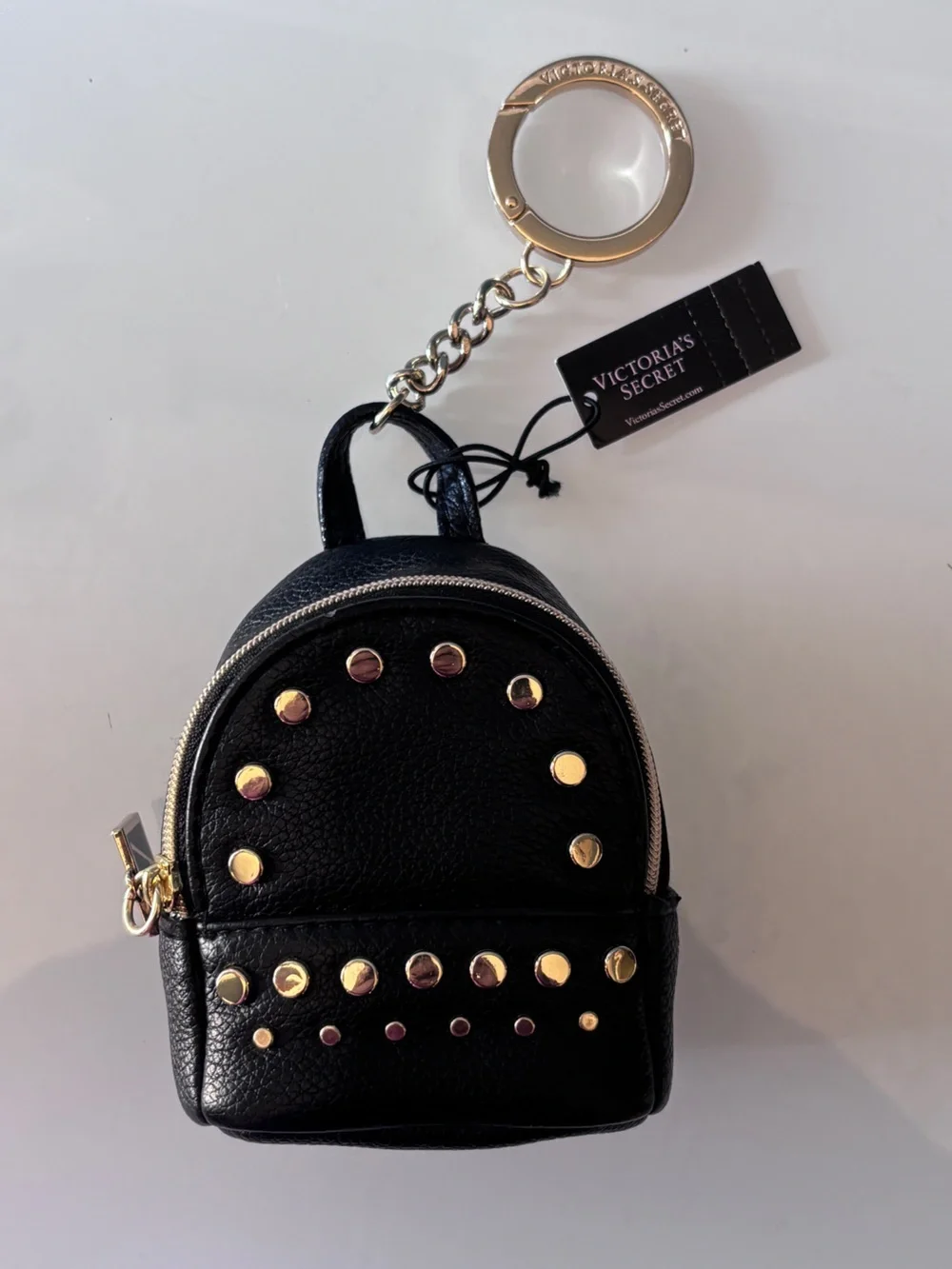 NWT Victoria’s Secret Black Studded Mini Backpack Keychain Gold